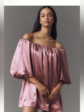 Mare Mare Off-The-Shoulder Puff Sleeve Shine Mini Dress Pink | Anthropologie